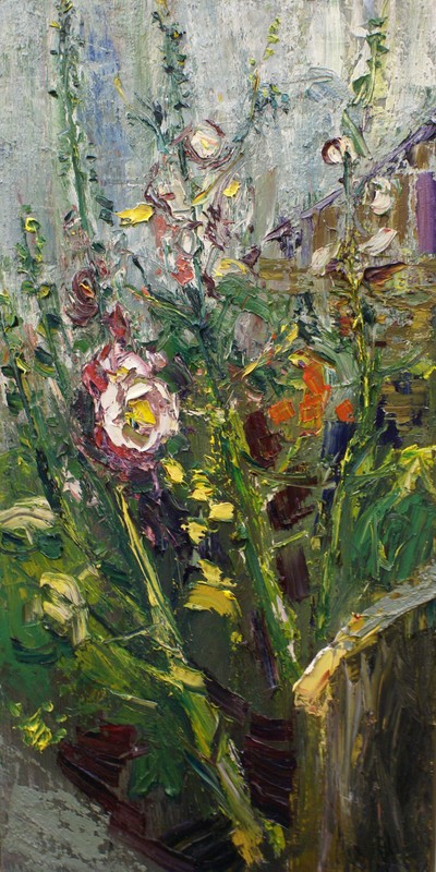 Hollyhocks 111      oil on board        122x61cm      2011.jpg