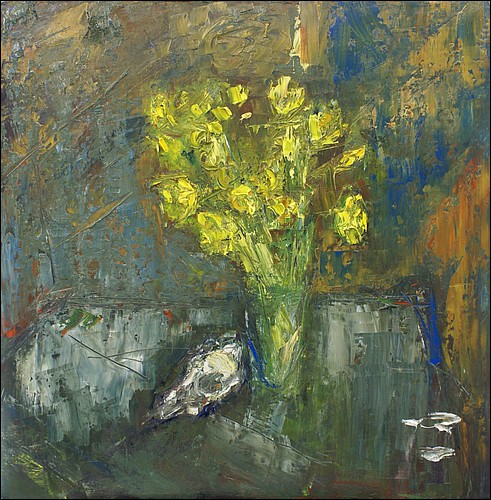 Daffodils with fox skull     oil on board      92x92cms      2014.jpg