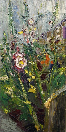 Hollyhocks 111      oil on board        122x61cm      2011.jpg